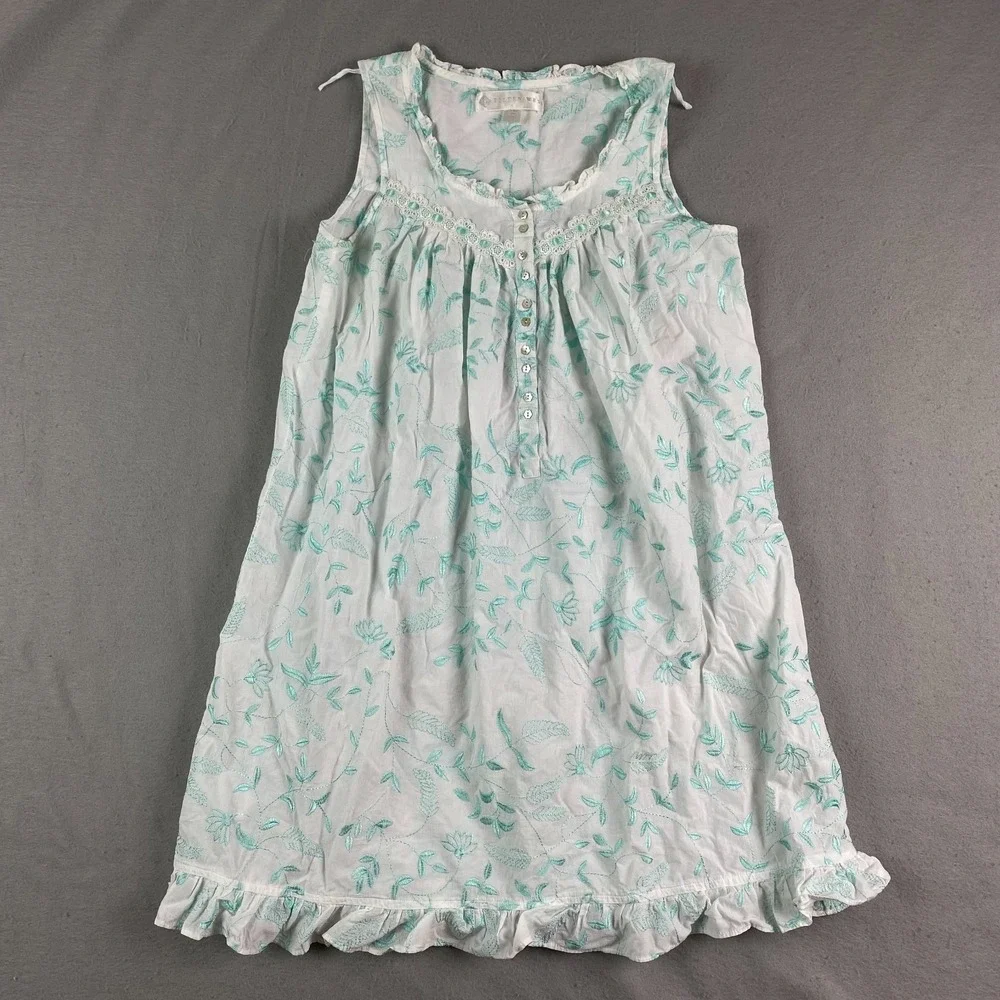 Eileen West Cotton Lawn Chemise Nightgown XS flower buttons lace cottage green